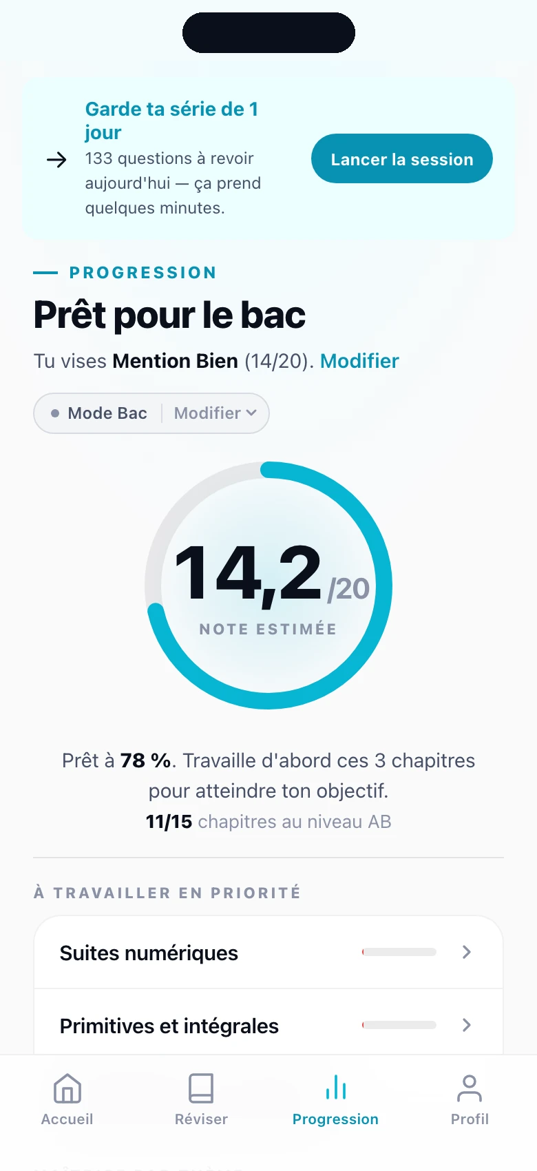 Écran de progression easyPrepa : note estimée 14,2/20, prêt à 78 % pour le bac, chapitres à travailler en priorité