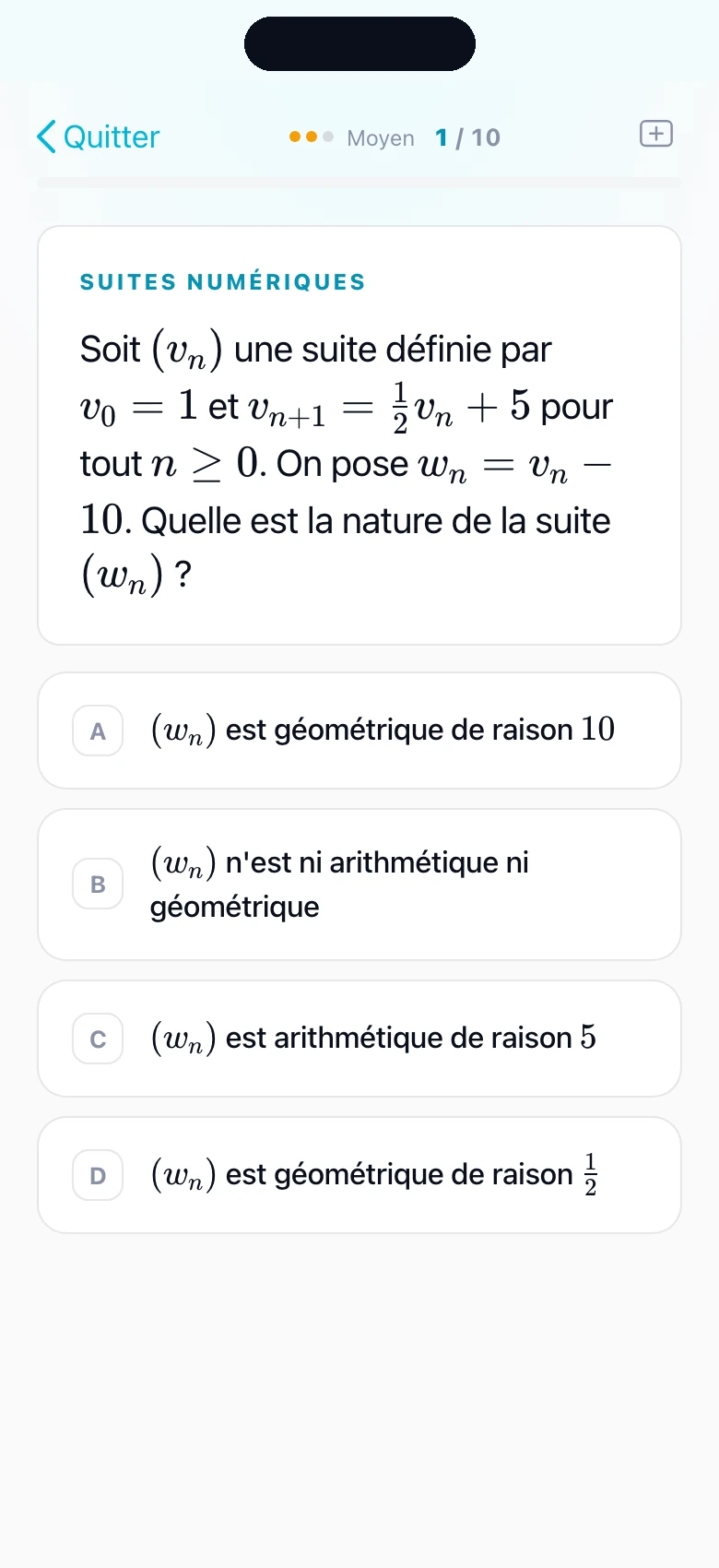 Quiz easyPrepa : question sur la nature d'une suite auxiliaire avec notation LaTeX et quatre réponses