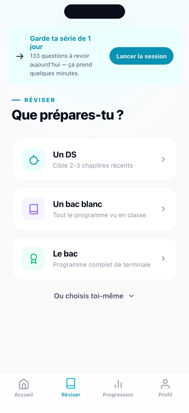 Écran Réviser easyPrepa : préparer un DS, un bac blanc ou le bac complet